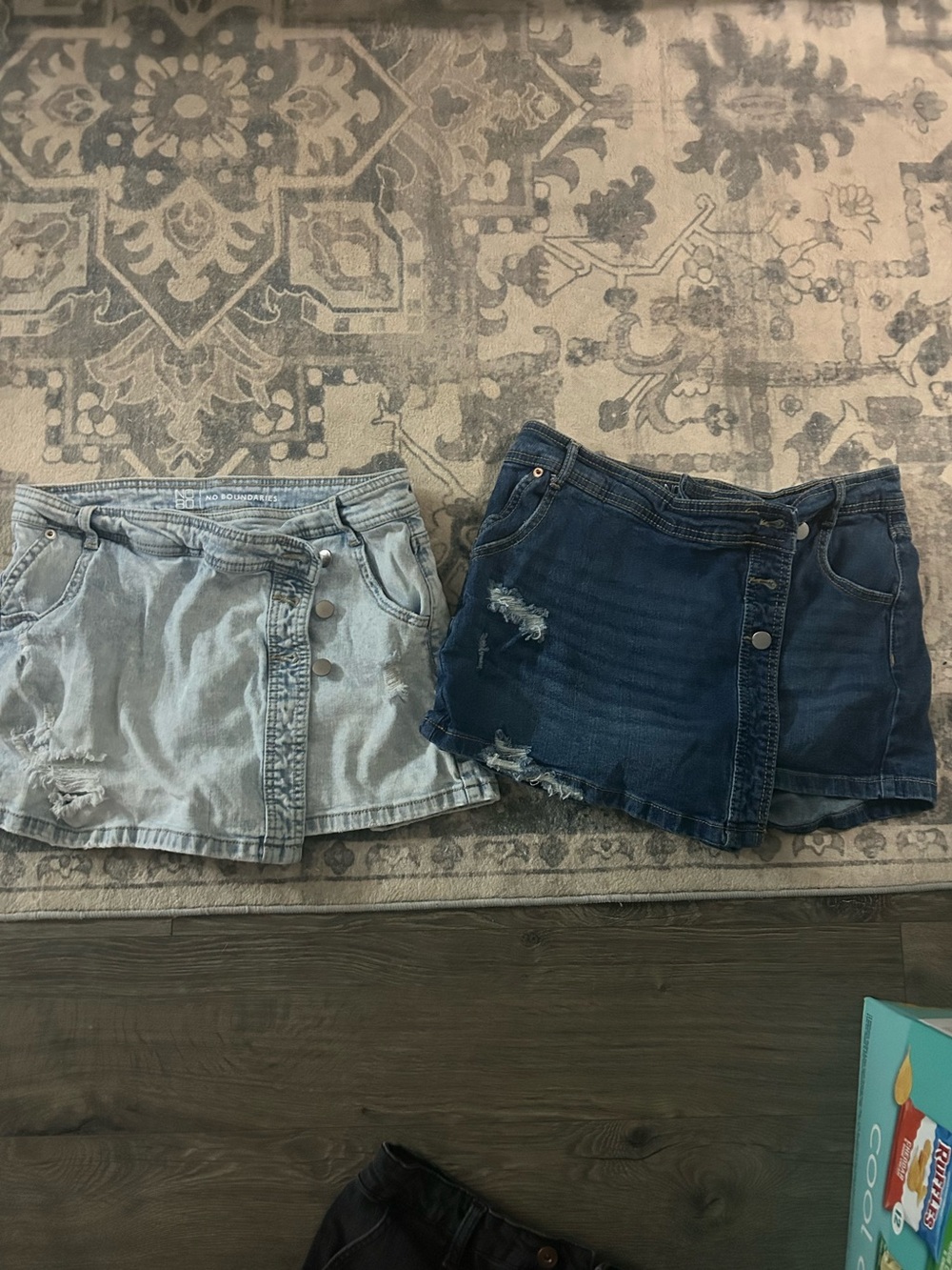 No Boundaries Denim Wrap around shorts in Light Blue and Dark Blue